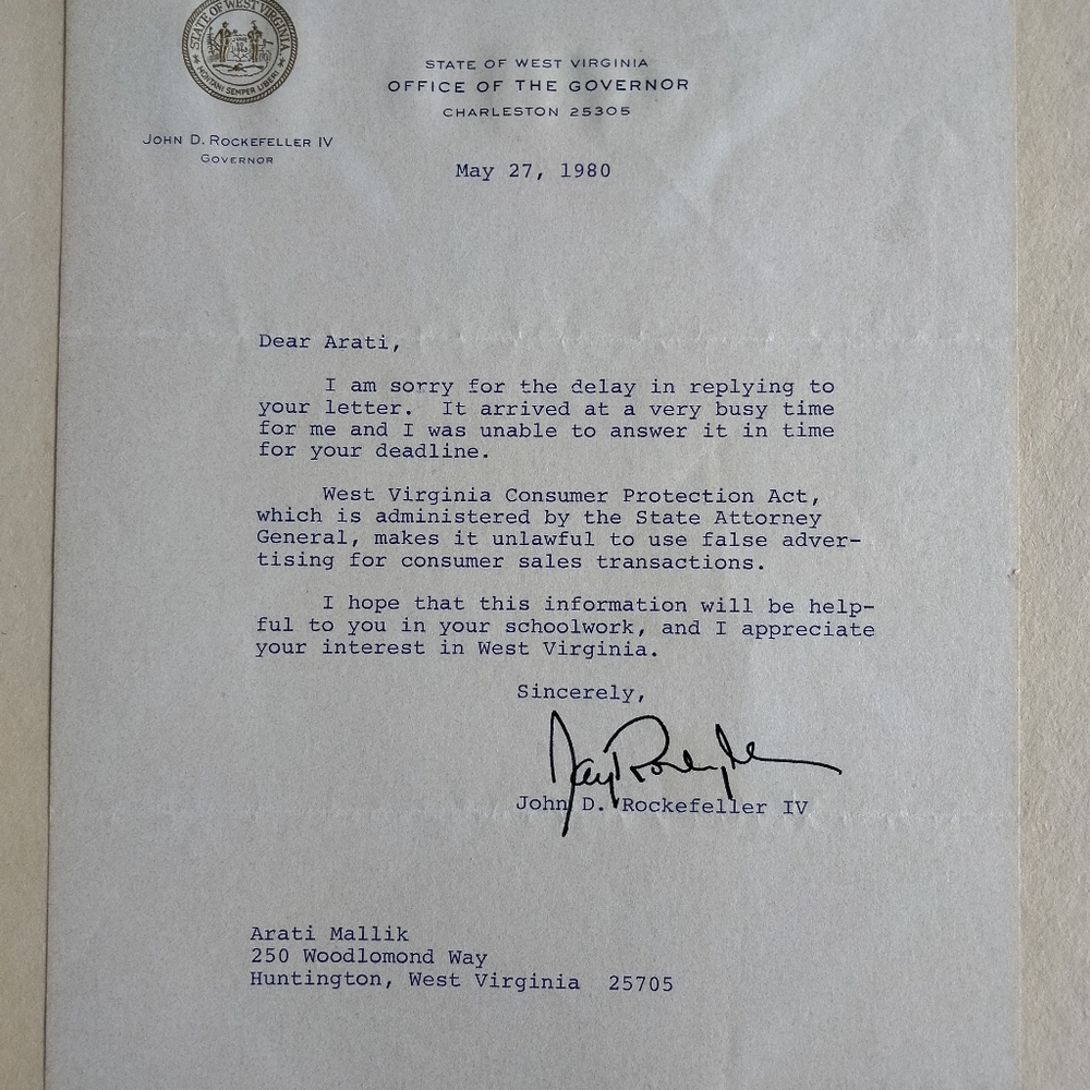 John D Rockefeller IV type signed letter to a student